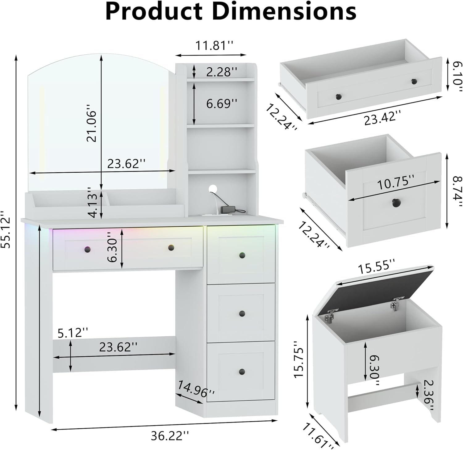 Vanity Desk with Mirror and Lights & Power Outlet, Makeup Vanity Set with Chair & RGB Ambient Light, Girls Vanity Dressing Table with 3 Lighting Modes & Adjustable Brightness for Bedroom, White