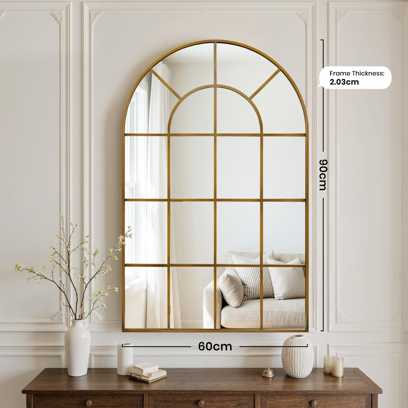 Reflix Espejo de jardín al aire libre, 90 x 60 cm, espejos de pared para decoración, espejo de ventana con marco de aluminio para pasillo, sala de estar, dormitorio, entrada, bronce