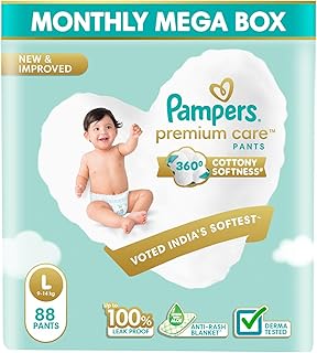 Pampers Premium Care Pant Style Baby Diapers Large (L size) 88 Count Voted India's Softest All-in-1 with 360 Cottony Softness Diapers 9-14kg