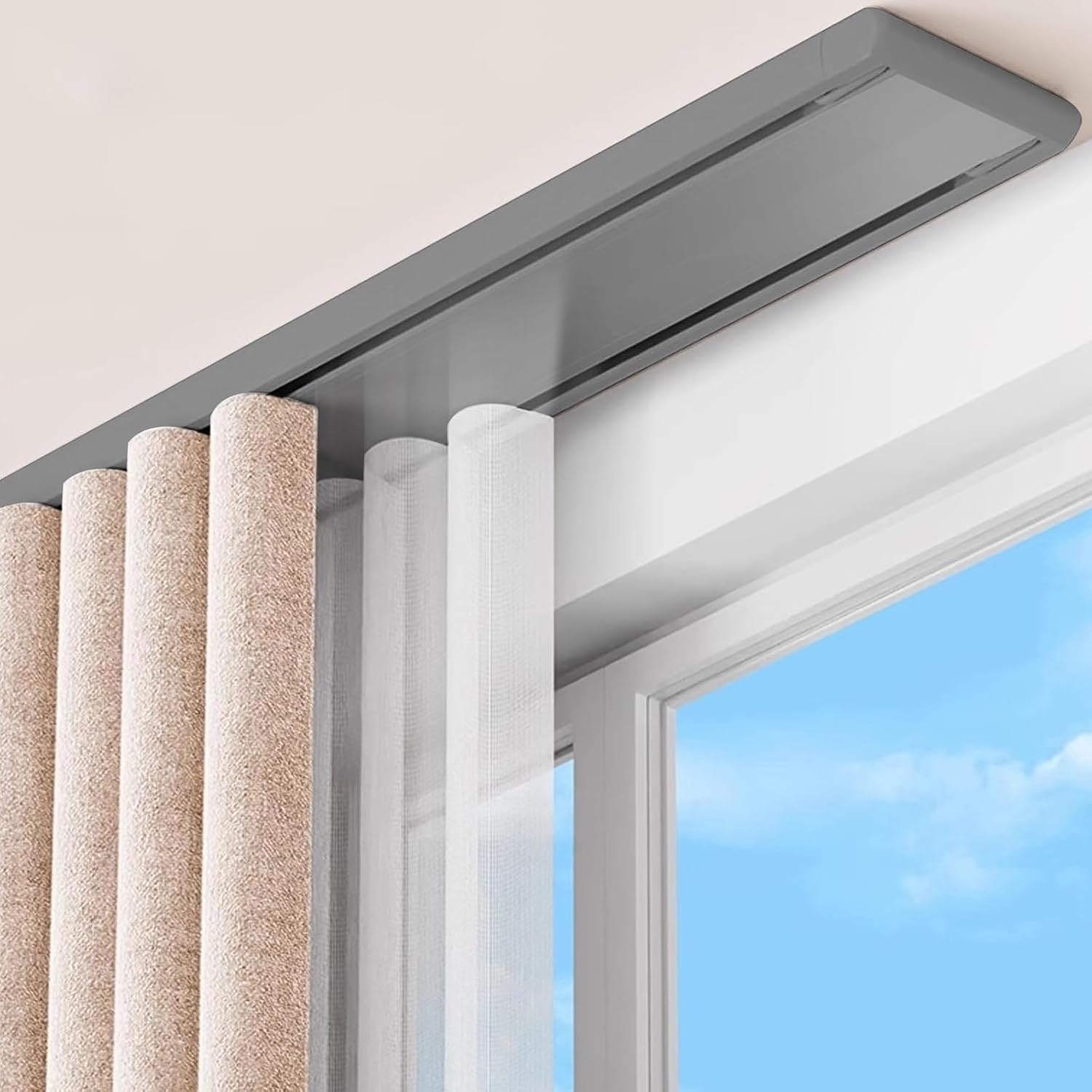 Heavy Duty Double Row Curtain Track Set - Ceiling Mount Room Divider Rods, Sliding Rails for Bedroom, Living Room, Hospital - Grey, 75cm (2.46ft)