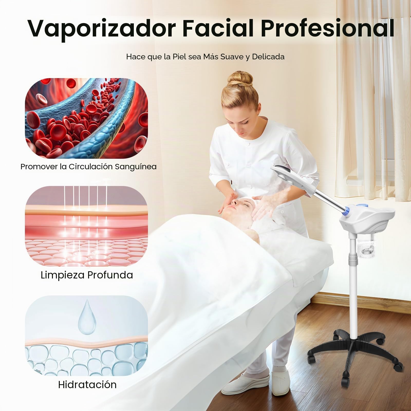 Vaporizador facial 2 en 1 de TuliperMood, vaporizador facial de ozono, 750 W, cosmético, altura ajustable, para salón de belleza, spa, casa, blanco, hidratante, antiacné, desintoxicante