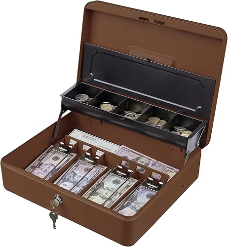 Tera Caja de efectivo antirrobo, con bandeja de dinero resistente y cerradura de llave, bandeja interior de 4 billetes y 5 monedas de 11.8 x 9.4 x