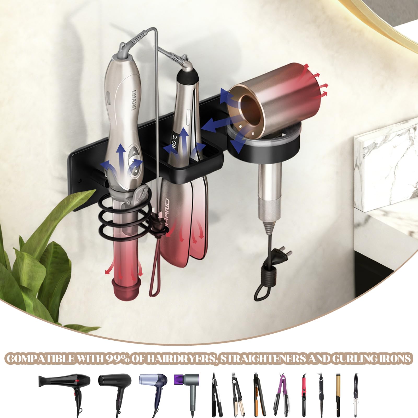 Supporto per Asciugacapelli da Parete con Doppia Installazione – Porta Phon in Alluminio Spaziale Senza Trapano o con Viti, con Fessura per Cavi, Design Nero, 30 × 8 cm