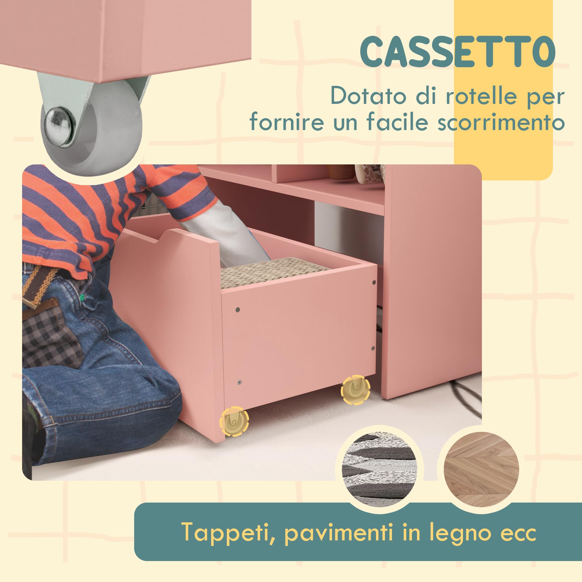 HOMCOM Piccola Libreria per Bambini con Ripiani, Cassetto e Ruote, Scaffale per Giocattoli e Libri in MDF per Cameretta, 60x29.9x90cm, Rosa