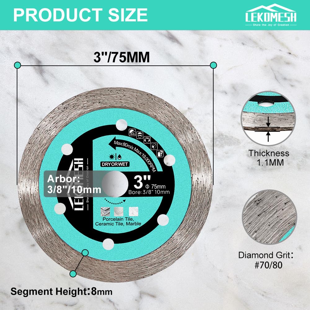 LEKOMESH 75mm Tile Cutting Disc - 3pcs Diamond Tile Saw Blade, 3 Inch, Compatible with Marble, Granite, Ceramic, Artificial Stone - Image 2
