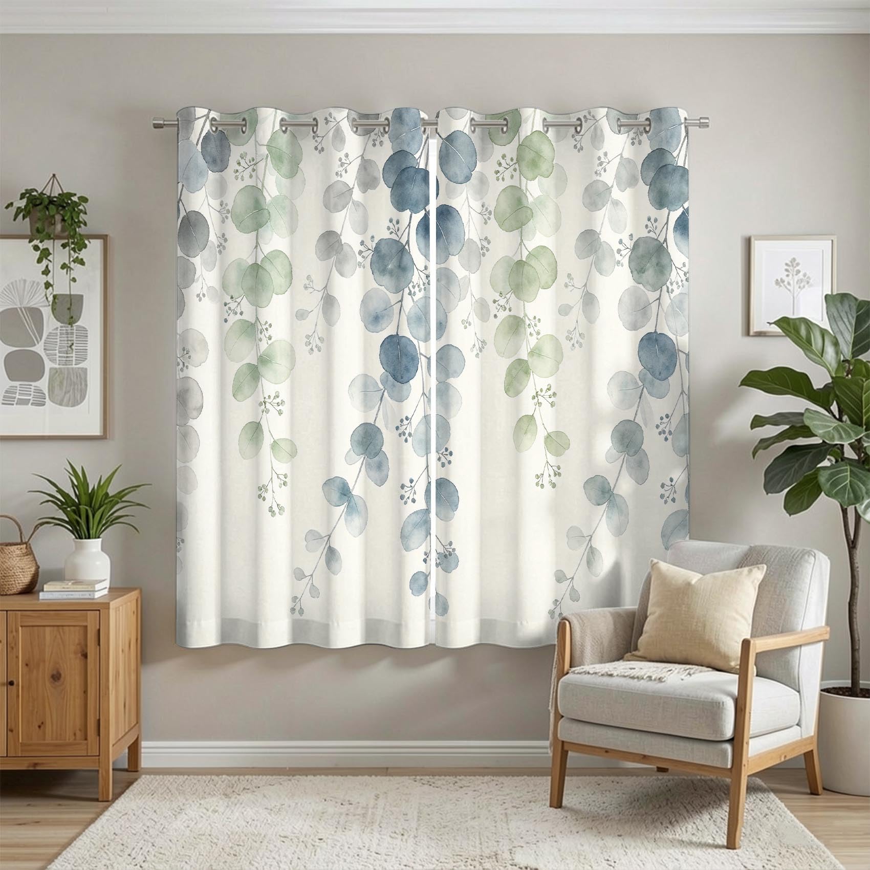 Aquarellblätter Vorhänge Blickdicht mit Ösen H 200 x B 100 cm 2er Set