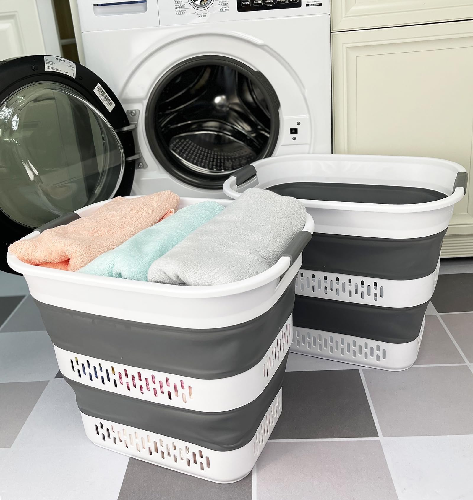 Cesta plegable de plástico para la ropa sucia de 40 L (10.5 galones), contenedor de almacenamiento plegable y organizador, canasta portátil para la ropa, ahorro de espacio (2, blanco/gris 3