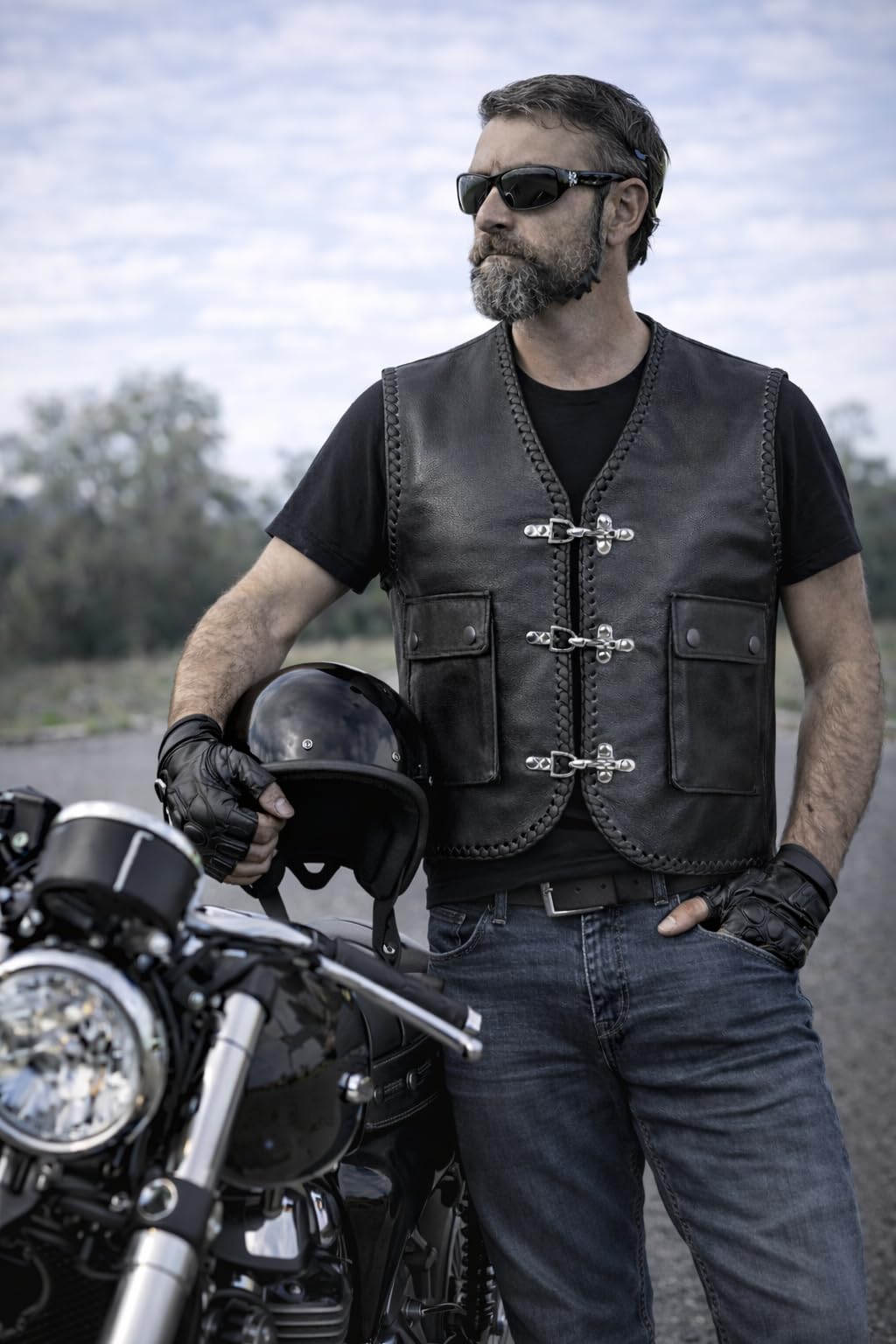 PAULGOS Lederweste Weste Kutte Leder Biker Rocker Motorrad Clubweste Bikerweste Motorradweste Schwarz BW5