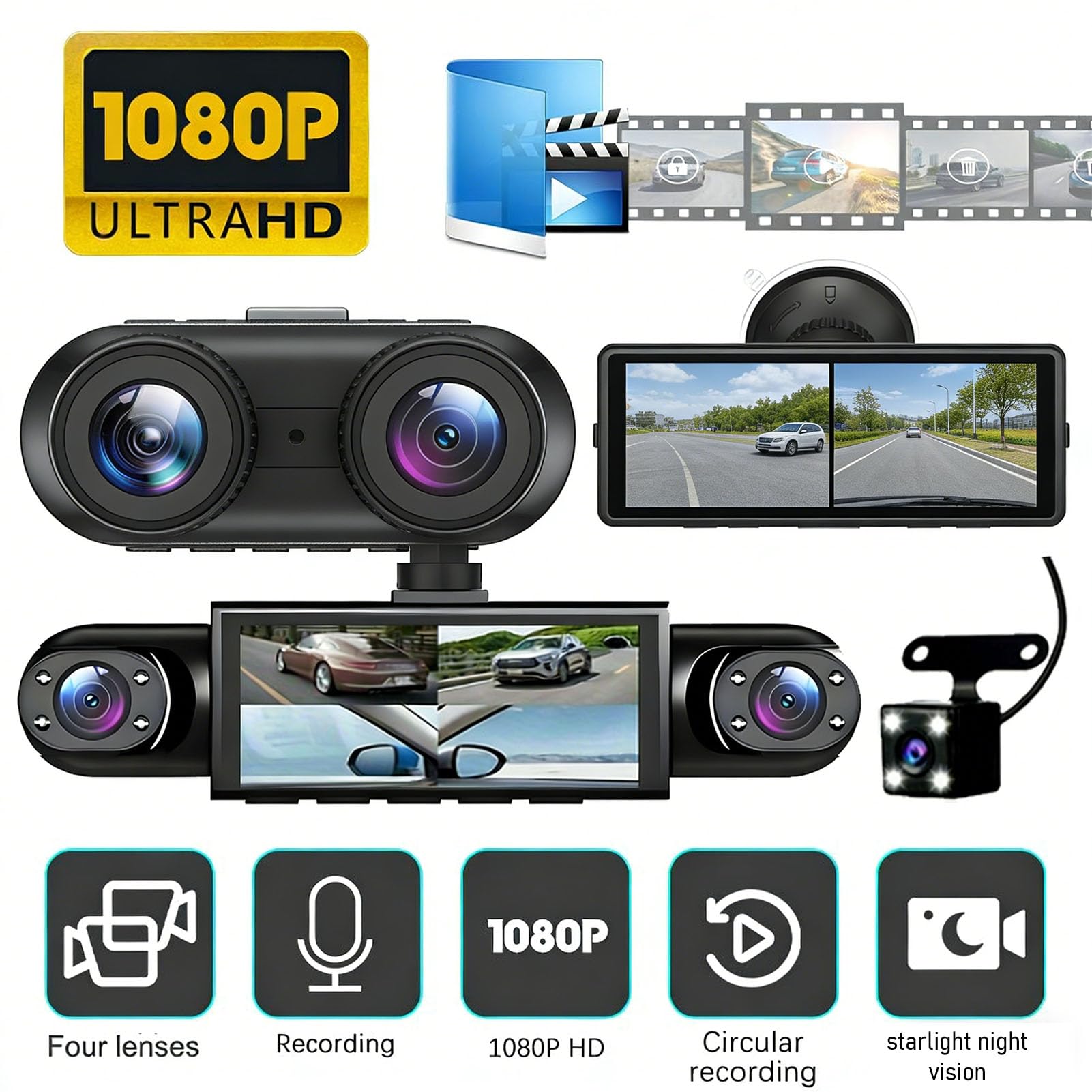 Cryfokt Dashcam 4, Registratore Auto Anteriore Posteriore Sinistra | Materiale ABS, Batteria Li-ion 150 MAh, Supporto App WiFi, Memoria Fino a 128 GB