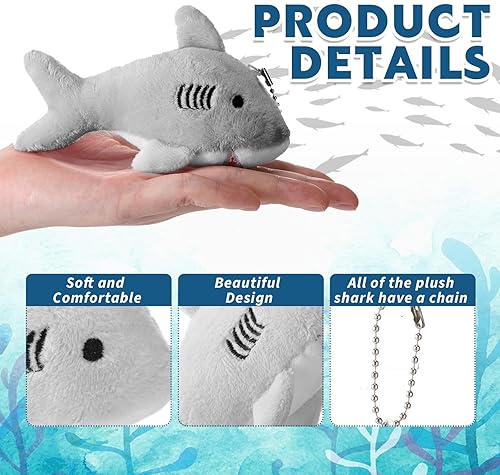 Miniatura 3 de Zubebe 24 llaveros de tiburón a granel, llavero de tiburón de peluche, mini mochila de peluche de tiburón a granel, llavero suave con clip para