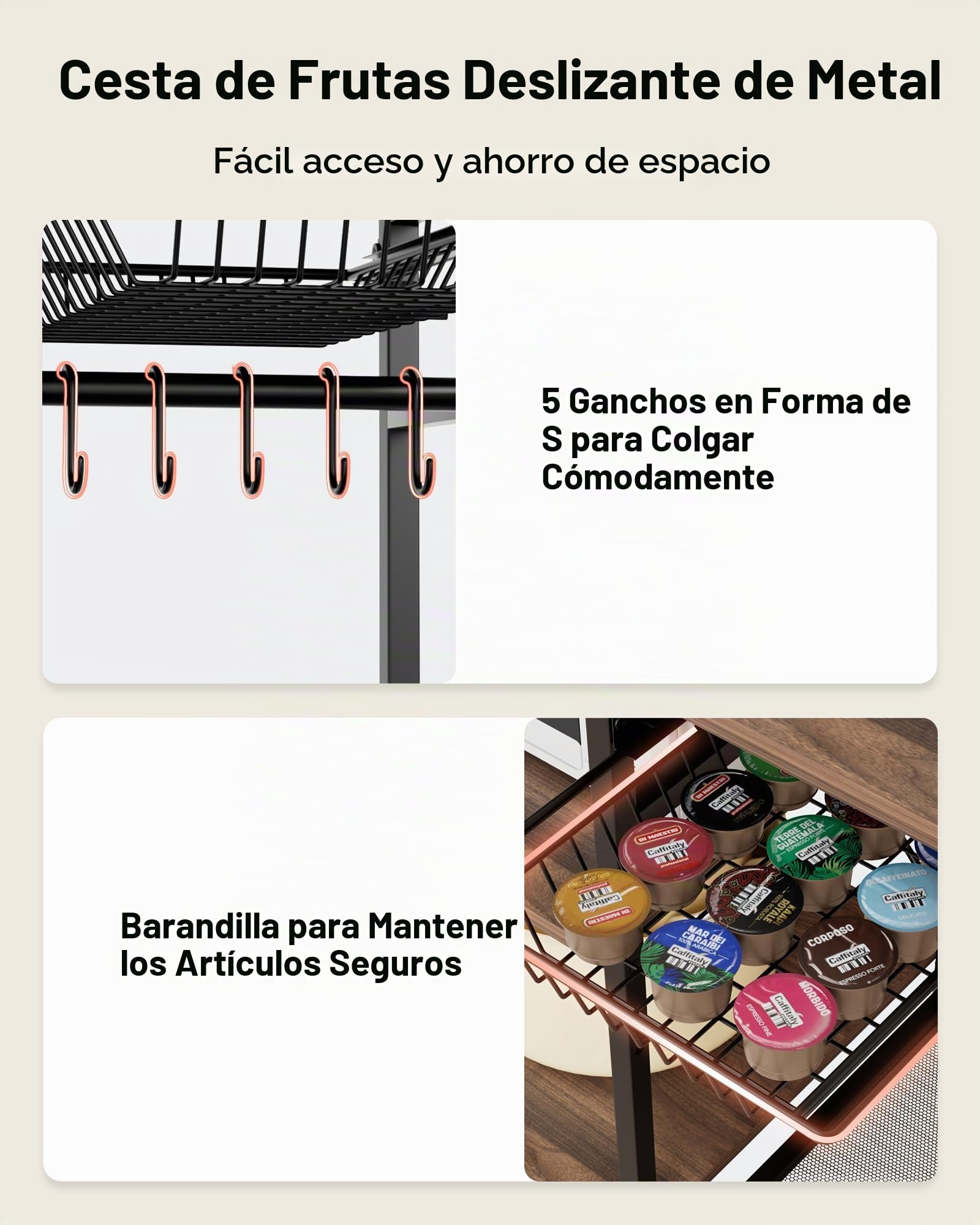 VEVOR Estante para Panaderos de Cocina de 3 Niveles, Estantería de Almacenamiento de Servicios 90 x 40 x 90 cm con 5 Ganchos, Carga del Superior de 30 kg, Estante con Soporte para Horno Microondas