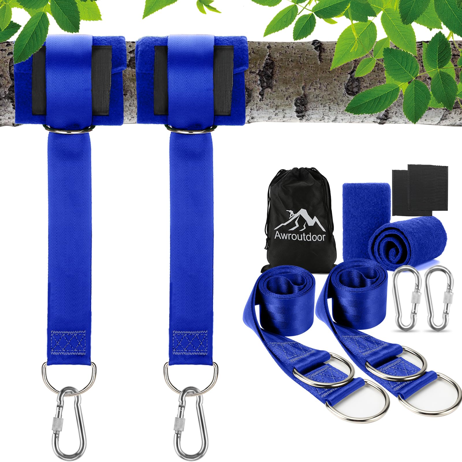 Awroutdoor Schaukel Befestigung, Hängematte Befestigung Befestigungsset Aufhängung Hängesessel Befestigung mit 2 Baumschutz Polster und 2 Premium Karabinern (Blau)