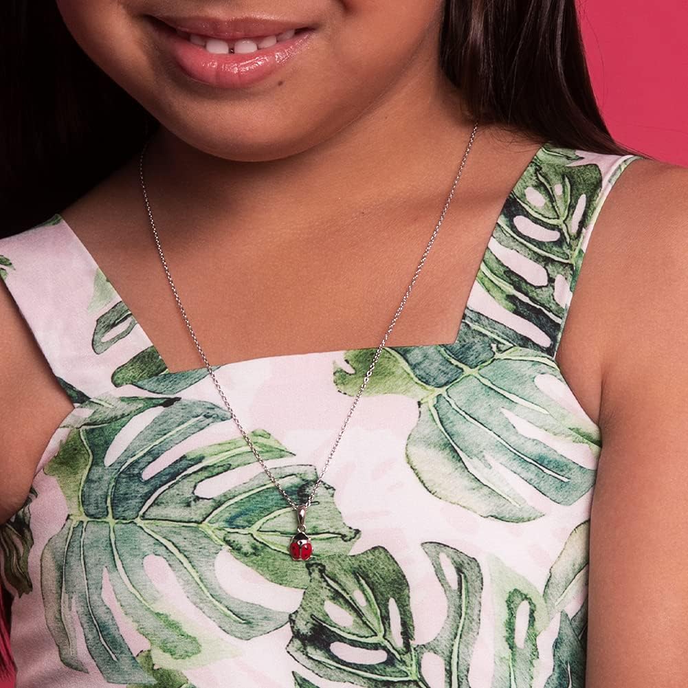 925 Sterling Silver 18" Red & Black Enamel Ladybug Pendant Necklace for Children & Preteens - Fun & Fashionable Animal Theme Link Chain Necklaces - Beautiful Lady Bugs Charm Jewelry for Young Girls