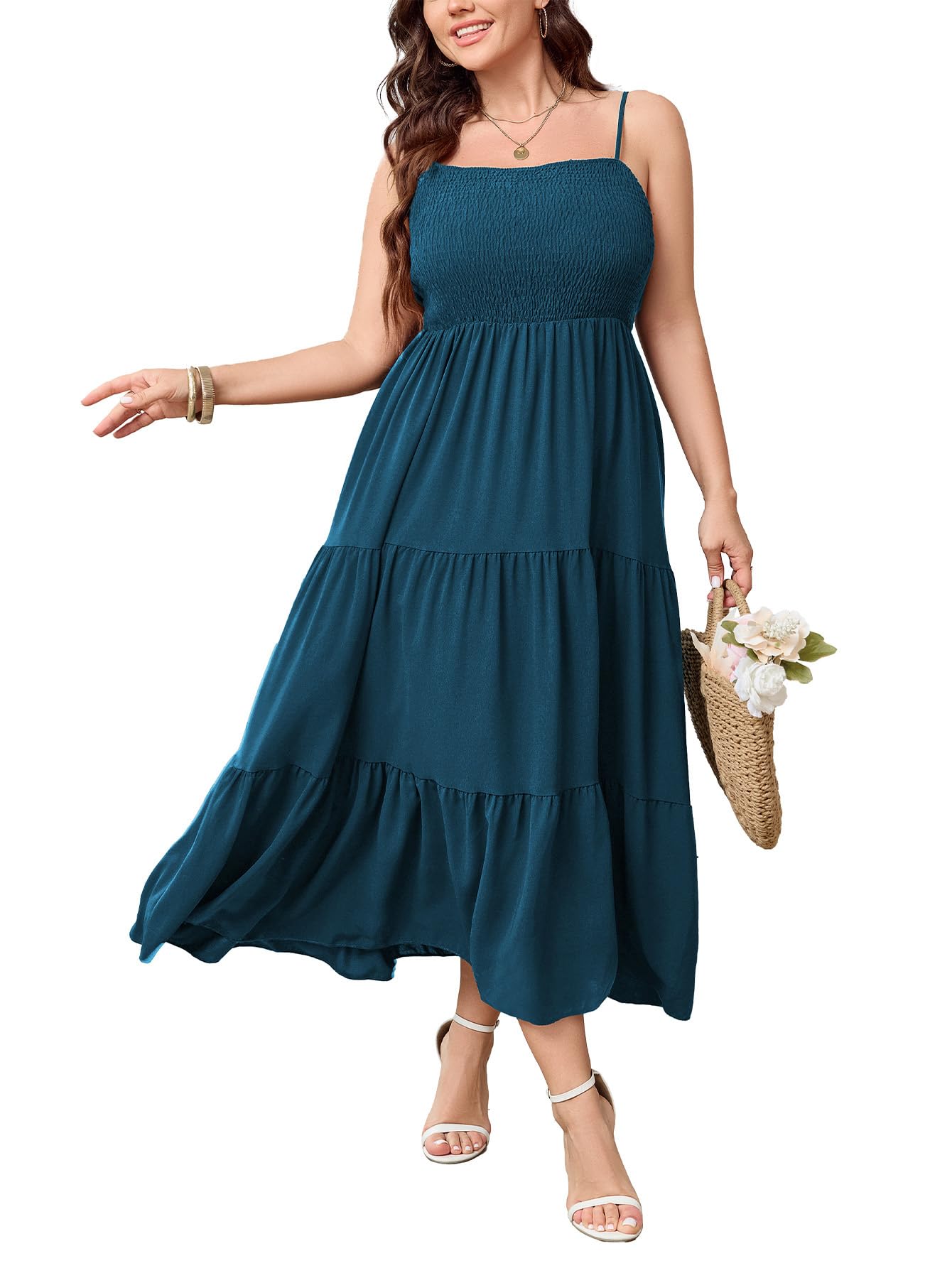SCOMCHIC Women's Plus Size Summer Maxi Dress Sleeveless Spaghetti Strap Smocked Casual Boho Tiered Long Beach Sun Dresses