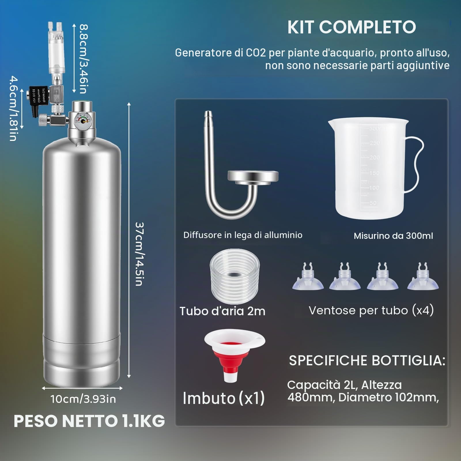 Kit completo per impianto di CO2 da 2 l, per acquario, anidride carbonica, con elettrovalvola, diffusore, contatore di bolle visivo, impianto di CO2, per acquario, piante, serbatoi