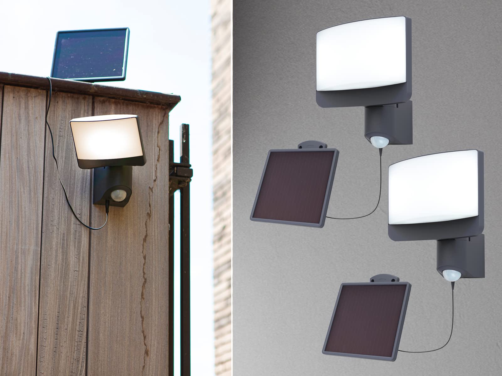 meineWunschleuchte Solarleuchte 2er SET mit externem Solarmodul Wandleuchte in Anthrazit mit Bewegungsmelder IP54, Breite 18cm