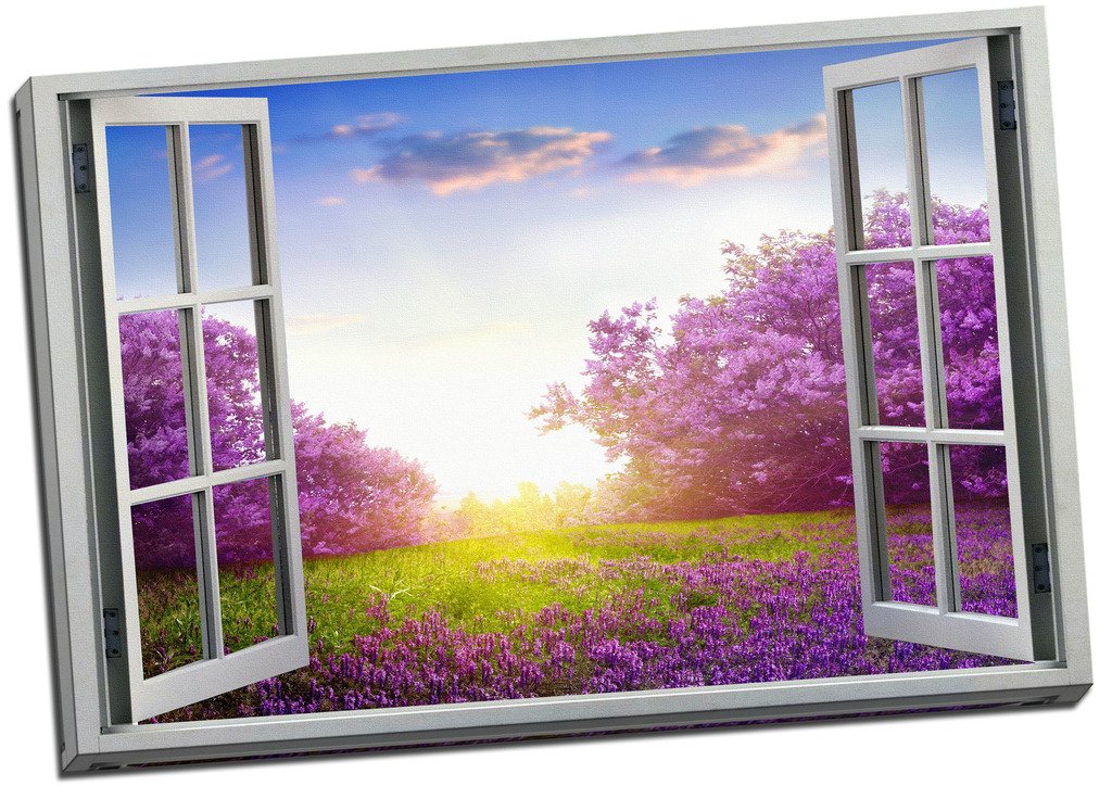 Panther Print Lavender Calm Spring View 3D Window Effect Canvas Print Picture Wall Art Large 30X20 Inches