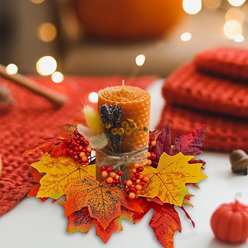 Miniatura 8 de Winlyn 4 aros de vela artificiales de hojas de arce y bayas, portavelas de otoño, pequeños anillos de corona de 11 pulgadas de ancho para casa de