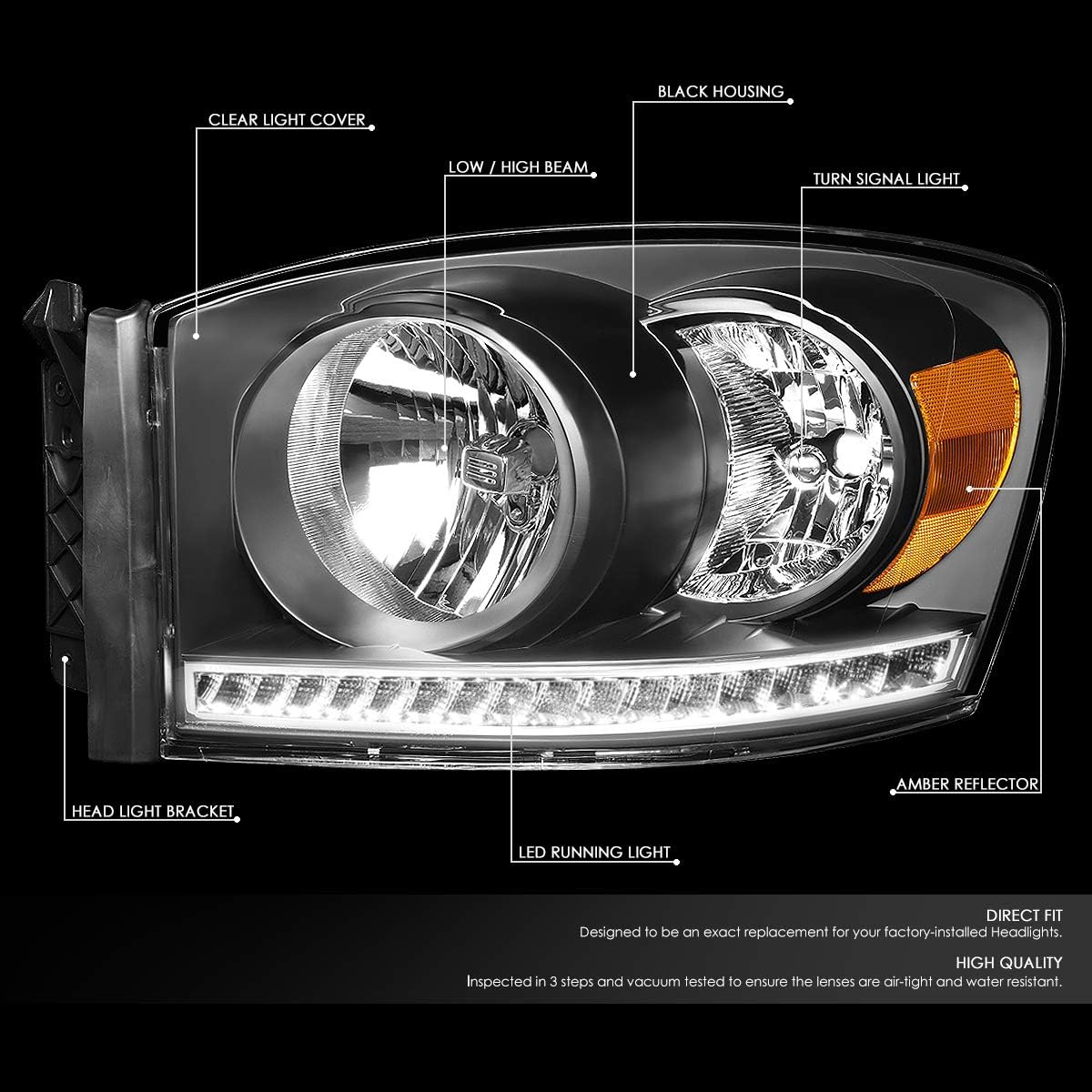 DNA MOTORING HL-LED-RM06-BK-AM Pair LED DRL Front Bumper Headlight Lamp Set Compatible with 06-08 Dodge Ram 1500/06-09 Dodge Ram 2500 3500, Black/Amber