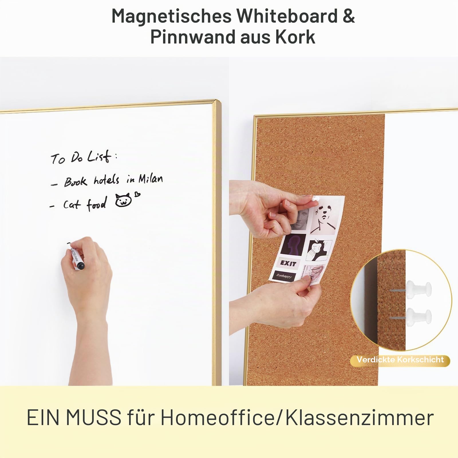 ARCOBIS trocken abwischbare Korktafel-Kombination, 60 x 45 cm, Bulletin Whiteboard für die Wand, magnetische Korktafel, Whiteboard-Kombination, Vision Board für Büro, Zuhause, Schule, Goldrahmen