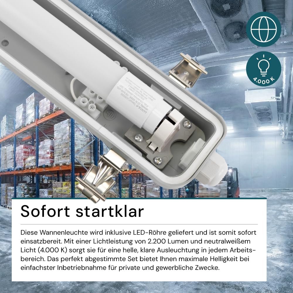 LUXULA 4er Pack LED Wannenleuchte 150cm mit 1x 22W LED Röhren T8 G13 Sockel, 4000K Neutralweiß, 2200lm - IP65 Feuchtraumleuchte für Werkstatt Keller Garage