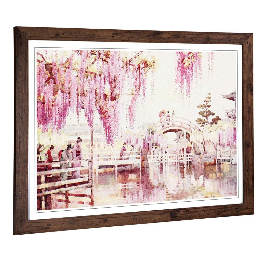 Big Box Art Framed Print of Ella Du Cane Japanese Oriental Wisteria, Kameido Design | Wall Art Picture| Home Decor for Kitchen, Living Room, Bedroom, Hallway, Walnut, A2 / 24.5x18 Inch / 62x45cm