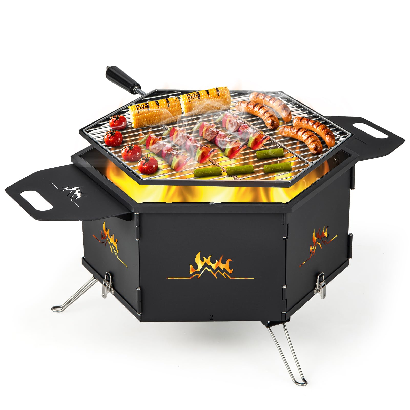GYMAX 2 in 1 Holzkohlegrill klappbar & Feuerkorb, großer Campinggrill mit verstellbarem Grillrost & Lüftungslöchern, Grill zum Heizen & Grillen, Klappgrill für Partys, Camping & Picknicks