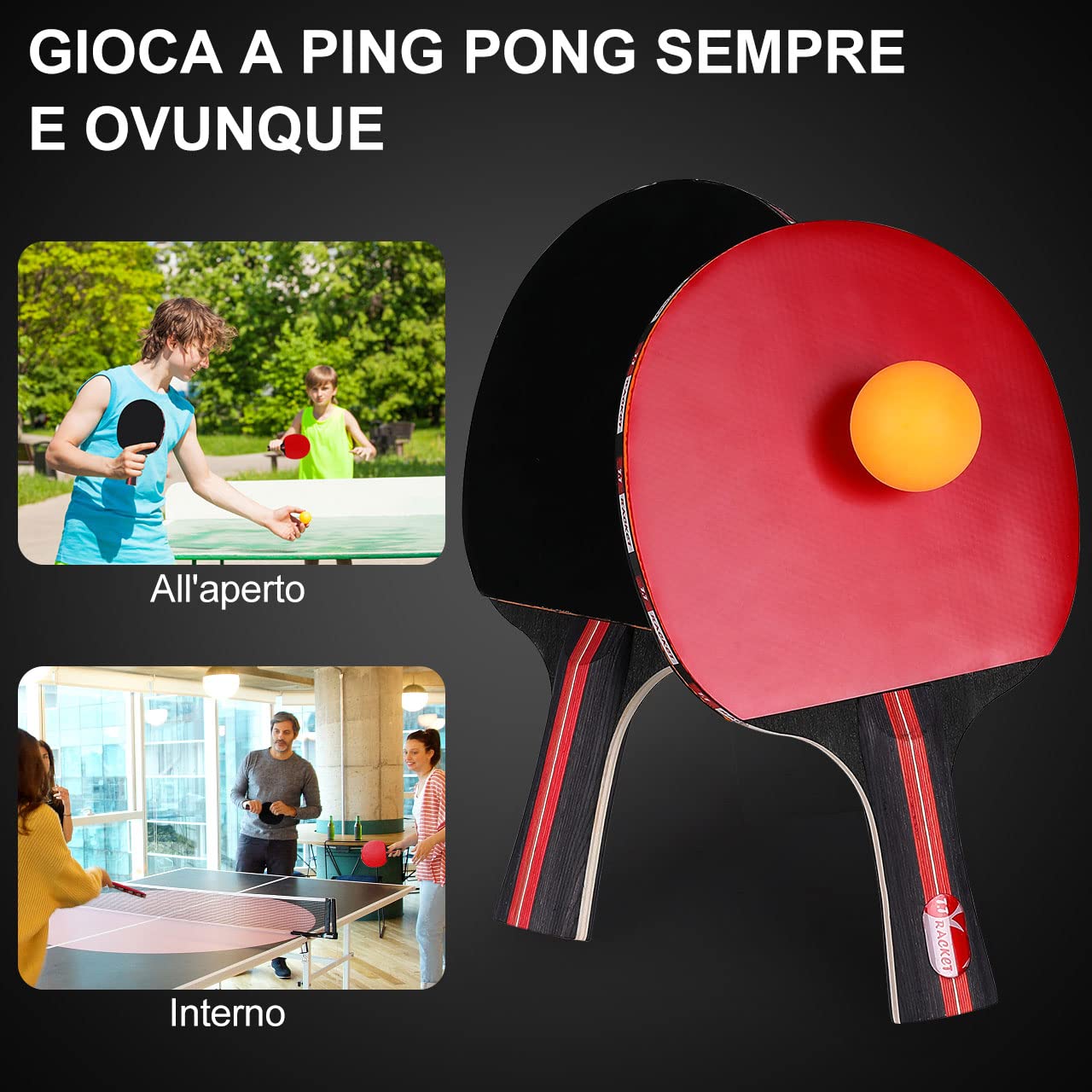 4Pack Set da ping pong, Tencoz Racchette da ping pong Set da ping pong Racchette da ping pong da allenamento Set da 4 racchette da ping pong Premium + 6 palline da ping pong + 1 borsa portatile