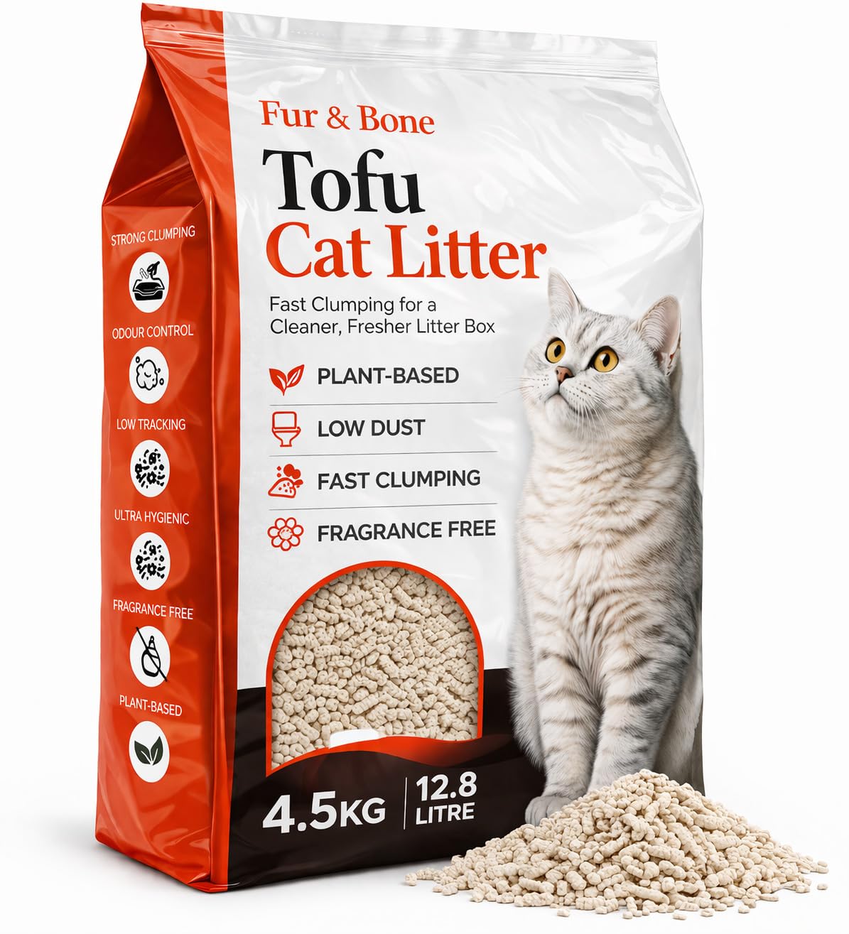 Fur & Bone Tofu Cat Litter 4.5kg/12.8L – Plant-Based Clumping Kitty Litter, Flushable Low Dust Pellets with Odour Control