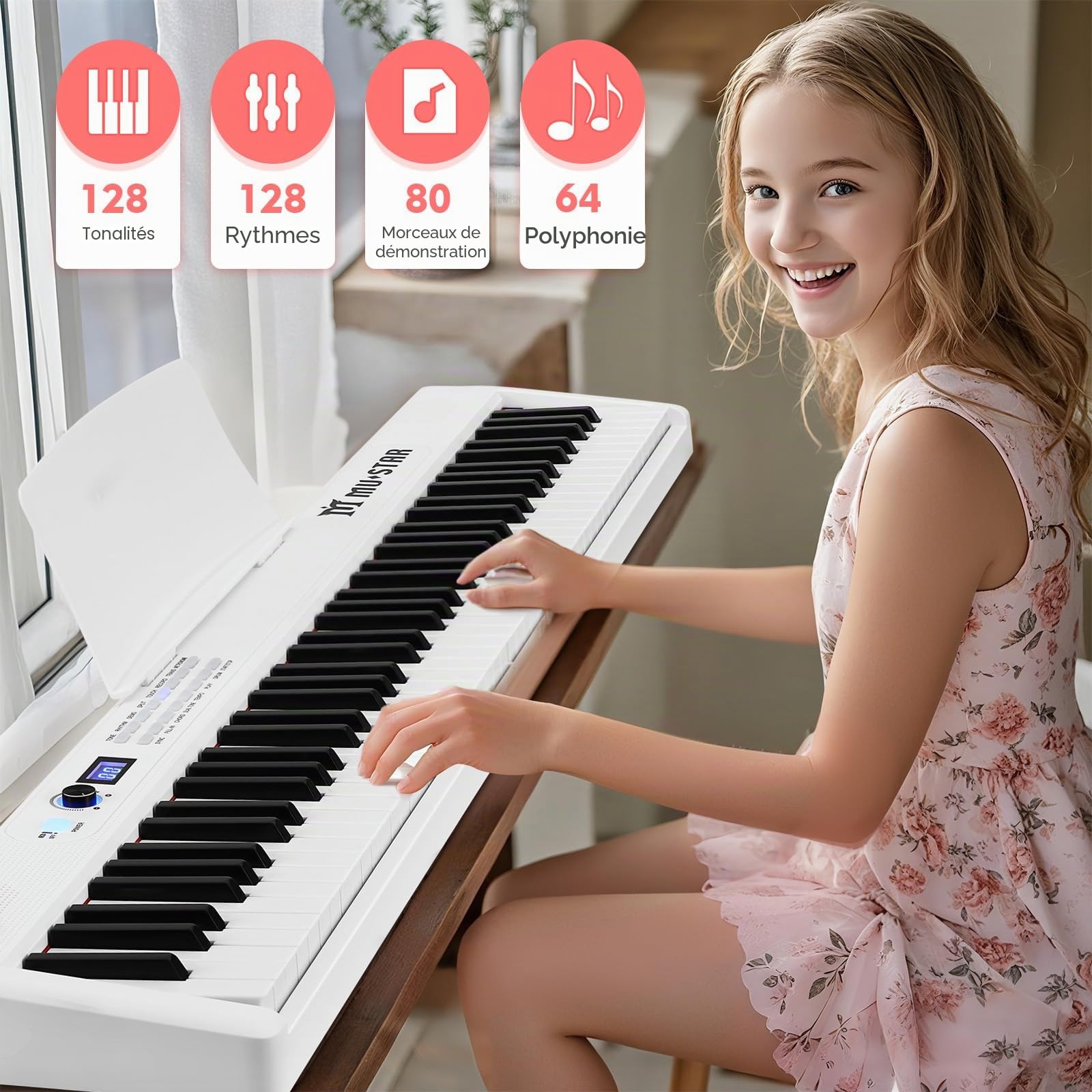 MUSTAR Piano numérique pliable 88 touches avec touches éclairées, piano numérique semi-poids, piano électronique portable avec Bluetooth, MIDI, pédale de sustain, casque pour débutants, blanc