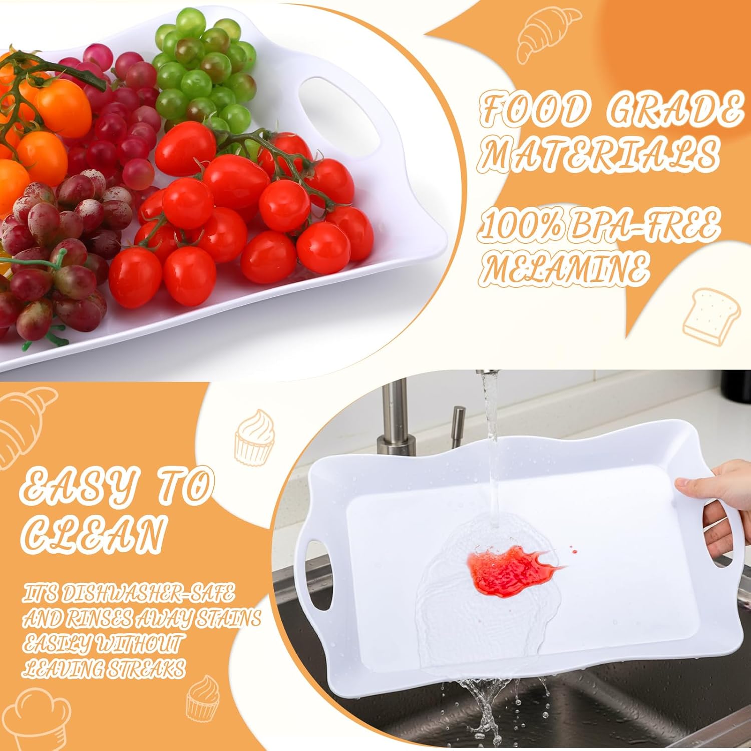6 Pcs Large Melamine Serving Tray with Handles 17 x 12 Inch Rectangular Wave Melamine Serving Platters for Food, Eating, Turkey, Snack, Fruit, Desserts, Party, Dishwasher Safe
