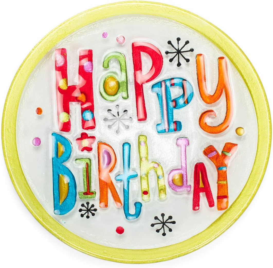 Happy Birthday Round Green Multicolored 11 x 11 Vibrant Glass Accent Plate