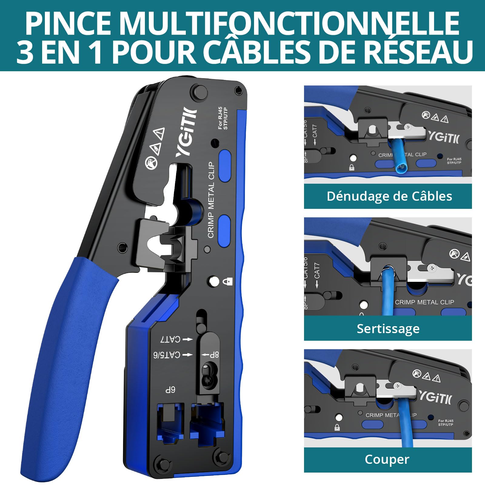 RJ45 Pince à Sertir Kit d'Outils de Sertissage RJ45 Réseau avec 50Pcs Connecteur RJ45 pour Câble Droit CAT6 et Nid de Sertissage 8P pour Connecteur Réseau CAT5/CAT5E/CAT6/CAT6A/CAT7/CAT7A