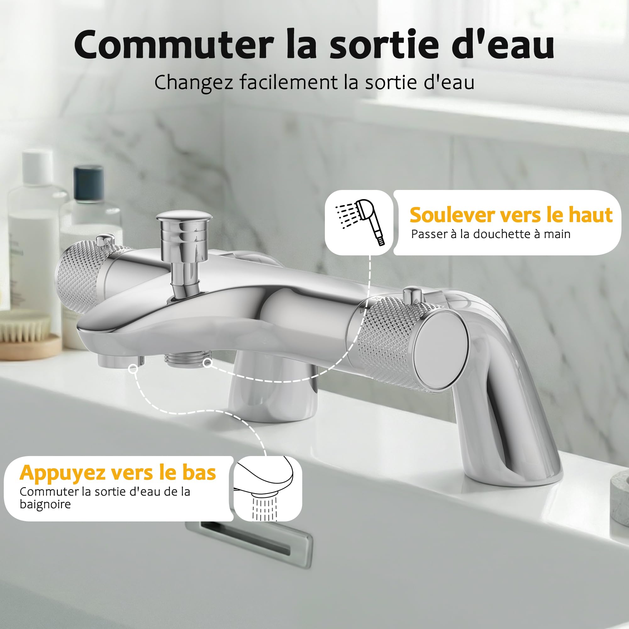 Mitigeur Baignoire Thermostatique,Robinet de baignoire avec arrêt de sécurité à 38°C,Mitigeur Thermostatique Bain,2 sorties,Chromé