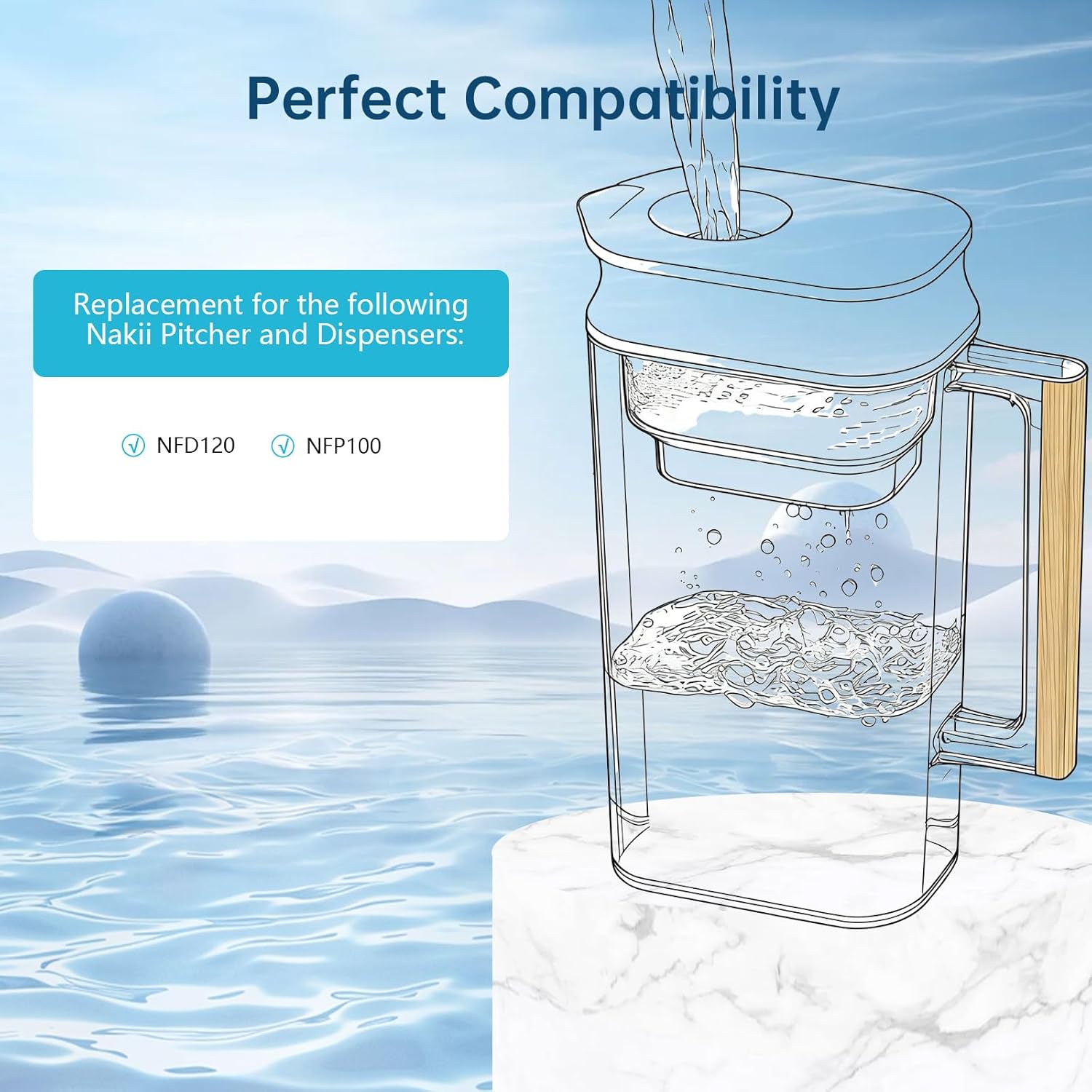 3 Pack NFP-100 Replacement Filter for All Nakii Pitcher Filtration System, Compatible with Nakii NFP-100, Reduces PFOA/PFOS, Chlorine, Last Up to 3 Months or 150 Gallons, White