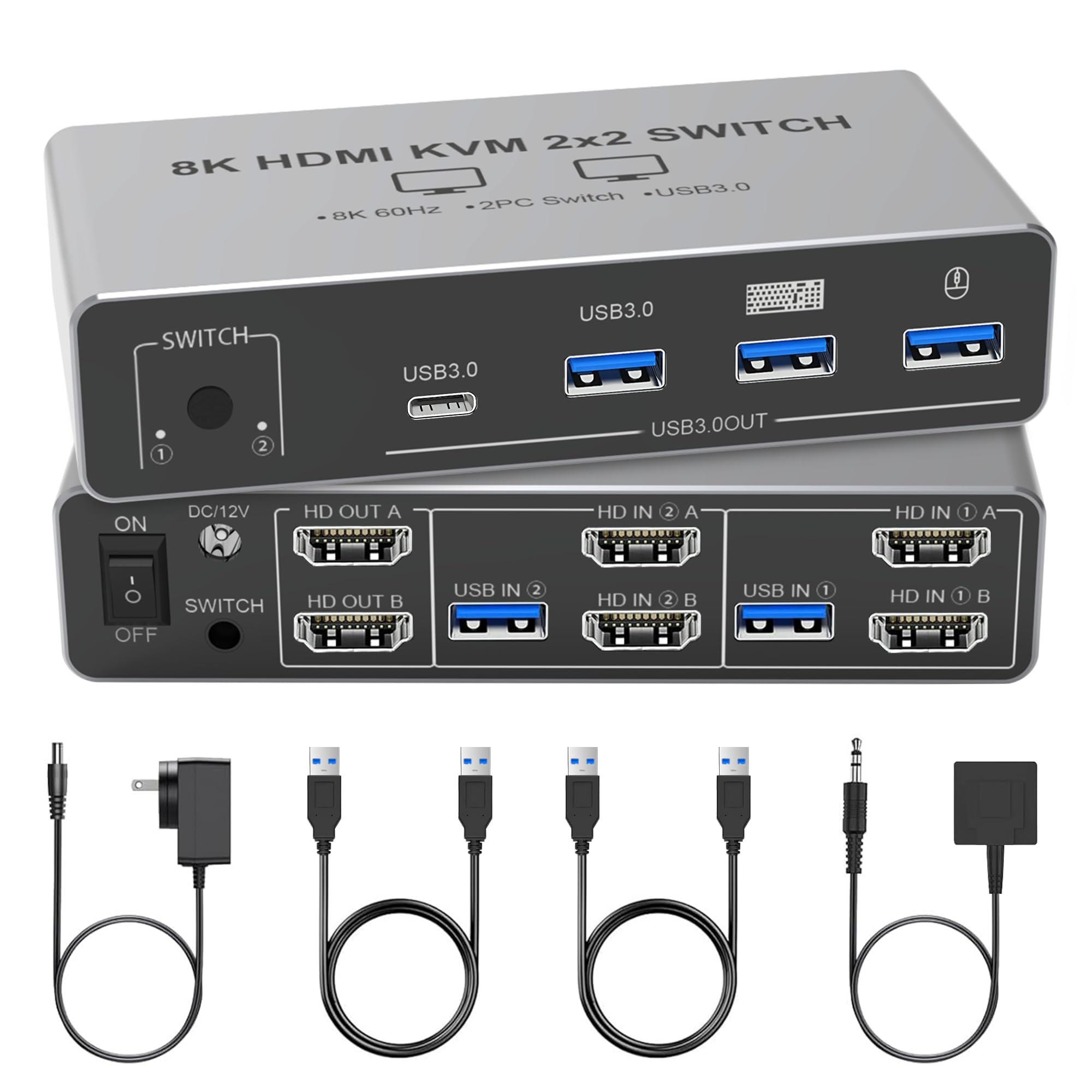 Tendak HDMI KVM Switch 2 PC 2 Monitory, Przełącznik KVM HDMI Dual Monitor 8K z USB, Przełącznik klawiatury i myszy z 4 portami USB 3.0, Obsługa 8K@60Hz 4K@120Hz, HDCP 2.3, Kompatybilny z Windows/Linux
