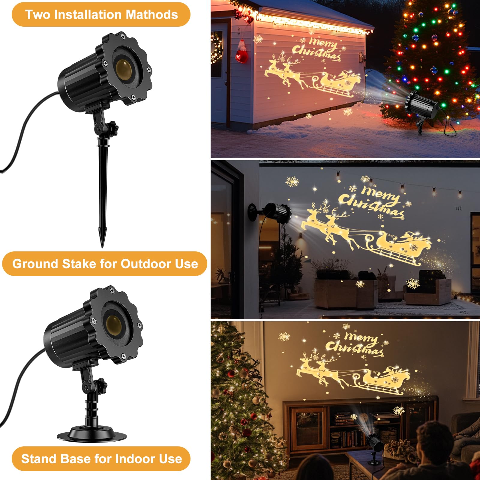 Dynamische 3D-Weihnachtsprojektor-Lichter für den Innen- und Außenbereich - 2025 Upgrade Weihnachtsmann im Schlitten, Weihnachtsdekoration, wasserdichte Urlaubsprojektor-Lichter für Fenster, Boden