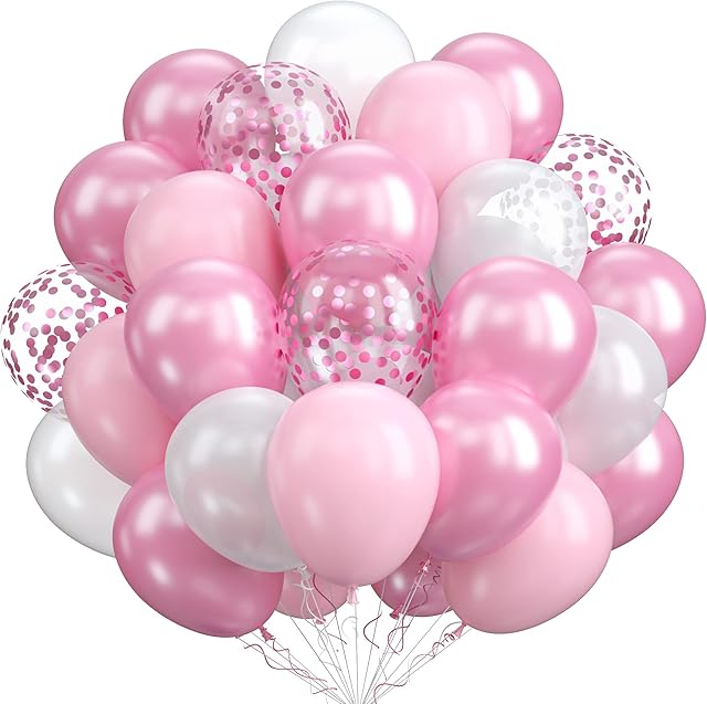 Pink White Balloons, 60 Packs 12 Inch Pink Confetti Balloons White Balloons for Birthday Party Decorations Girl, Weddings, Christening Baby Shower Party, Holiday Festival Party