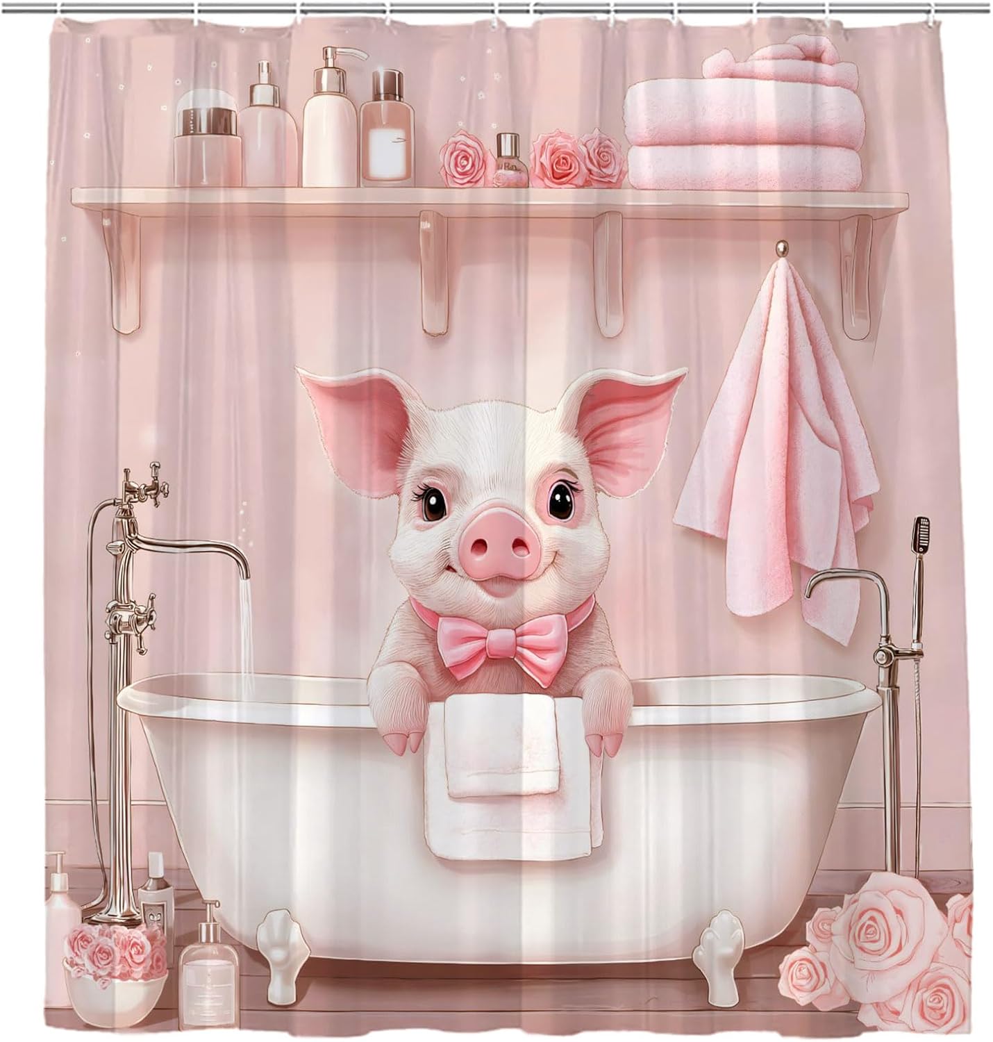 Funny Pig Shower Curtain Farmhouse Rustic Farm Animal in Bathtub is Taking Bath Cute Western Country Pink Flower Smiling Pig with Floral in Bubble Bath Bathroom Decor Curtains 86x70 inch with Hook