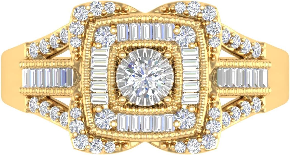 1/2 Carat Round & Baguette Shape Diamond Cushion Shaped Halo Ring in 10K Gold