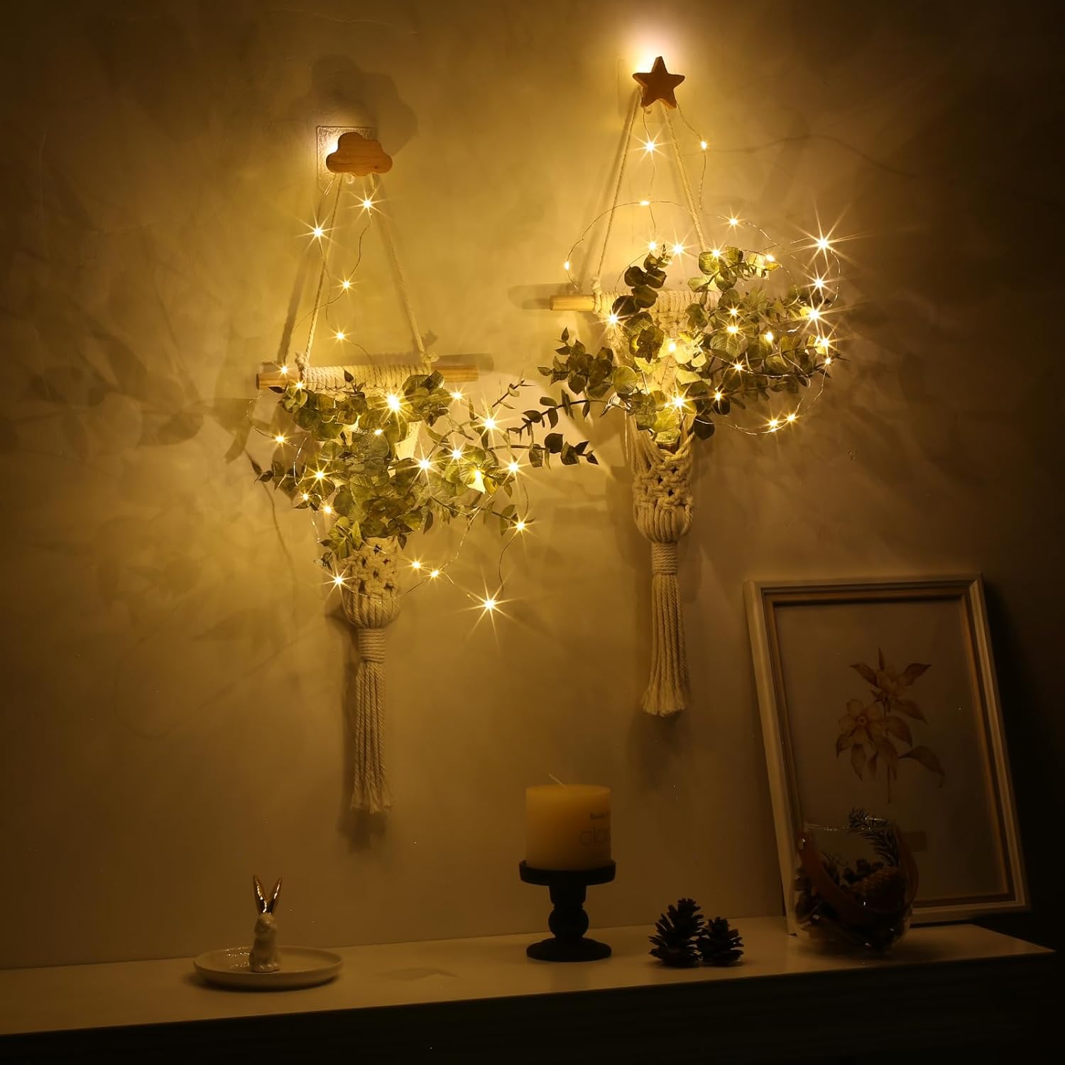 Macrame Bohemian Wall Hanging, White Cotton Rope with Artificial Plant, Handcrafted Boho Tapestry with LED Lights, Decorative Wall Art,Earthy Wall Decor(Eucalyptus-Green)