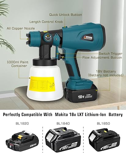 Miniatura 2 de Pulverizador de pintura inalámbrico para batería Makita LXT de 18 V, pistola pulverizadora de pintura HVLP de 200 W con motor sin escobillas para