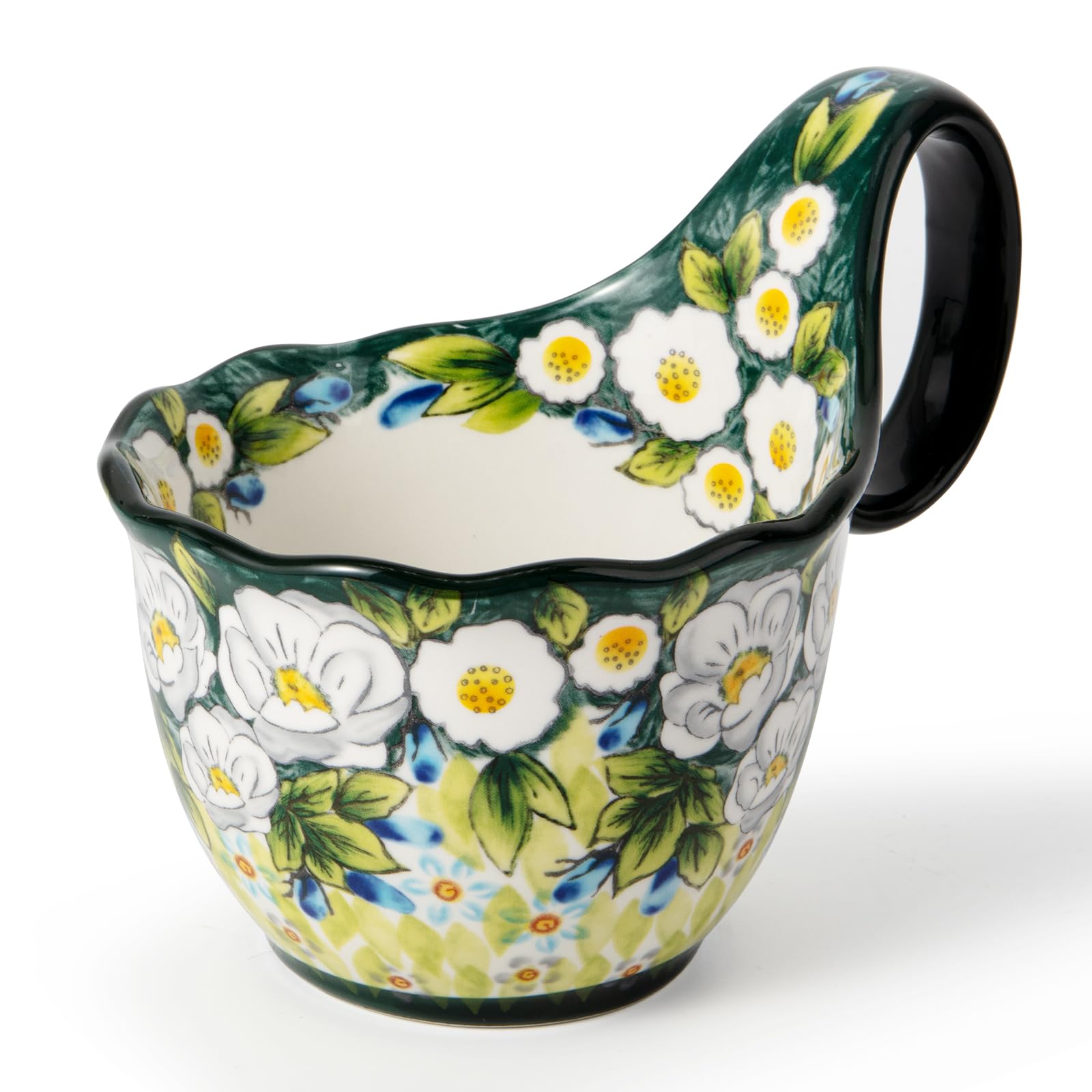 DOWAN 15 OZ Soup Bowls with Loop Handle, Ceramic Soup Mug, (Daisy Meadow) | Polish-style bowl cups, cereal bowl; microwave and dishwasher safe; bowls cups with large handle. Handcrafted Gift for Women