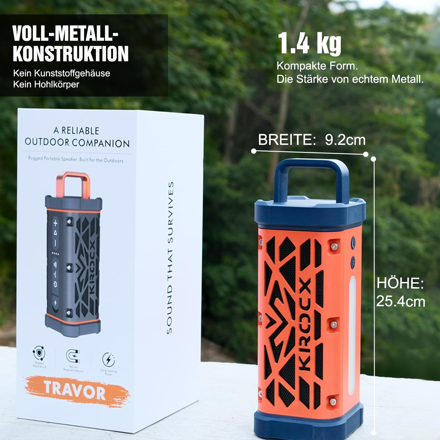 TRAVOR Magnet Bluetooth Lautsprecher aus Aluminium für Garage, Heimwerker | TWS & Bass Boost für Camper, Werkstatt & Baustelle IP68 gegen Regen, Staub & Schlamm 25 Std. Akku für Arbeit, Reise & Outdoor