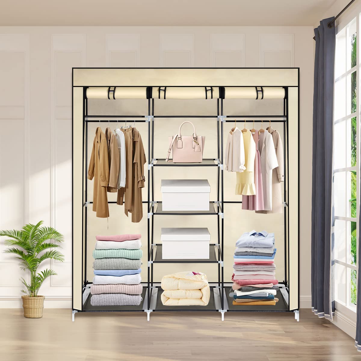 T-LOVENDO.ES Armario de Tela ropero estantería con Cremallera Plegable Modular portátil Grande 175 x 150 x 45 cm. Tubos de Acero para Perchas. Varios estantes Robusto y Estable. Beige