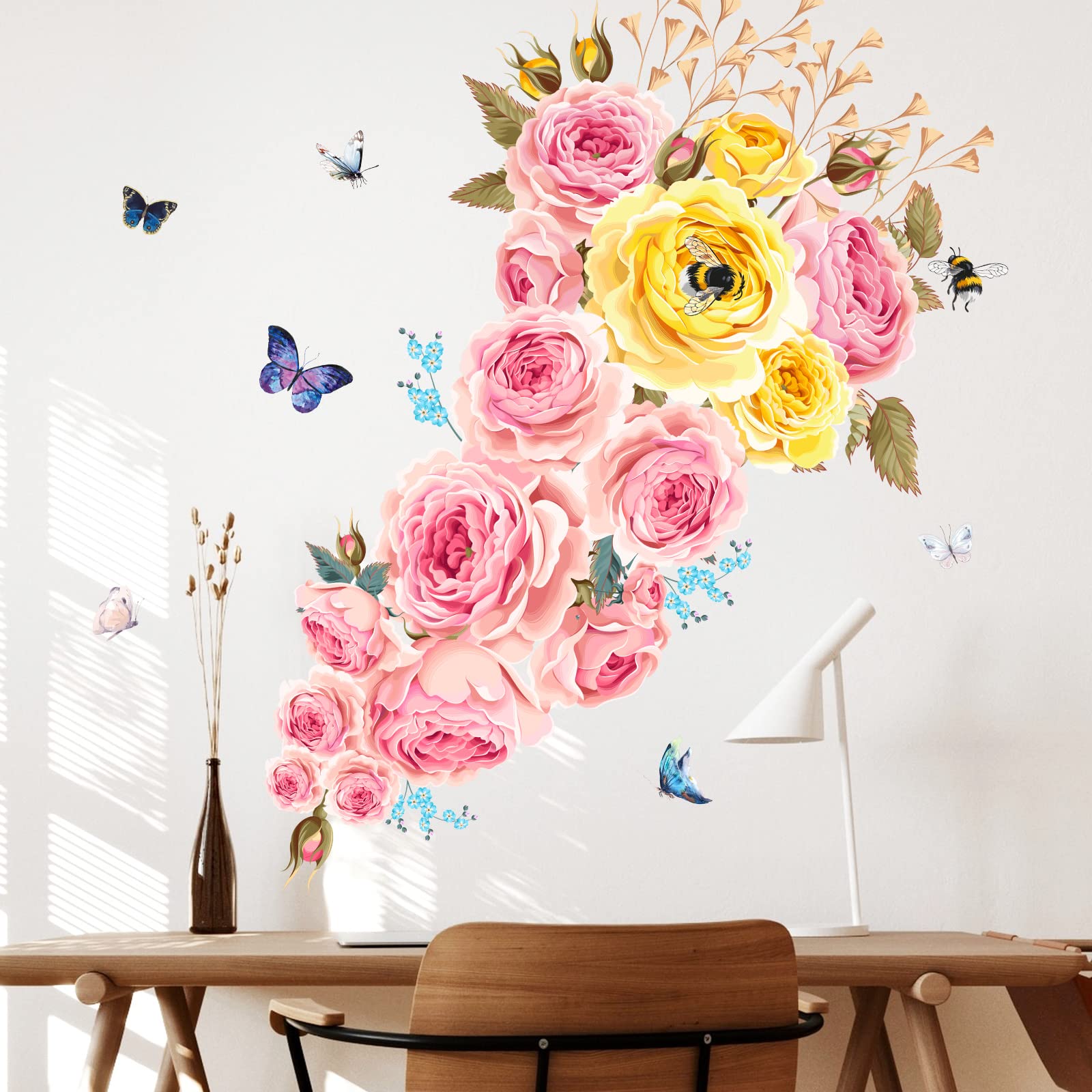 Dozesheep Romantic Rose Flower Wall Decals, Large Floral Wall Stickers with Butterfly Bee Accents for Kitchen, Bedroom, Living Room, Dining Area, Modern Home Styling