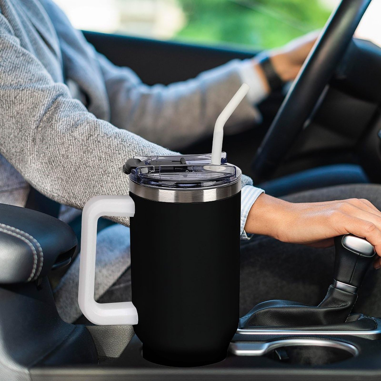 Nilpferd in Nature Trendy Trinkglas mit Henkel, 1134 g, weiß | Doppelwandiger, auslaufsicherer, isolierter Auto-Reisebecher aus Edelstahl