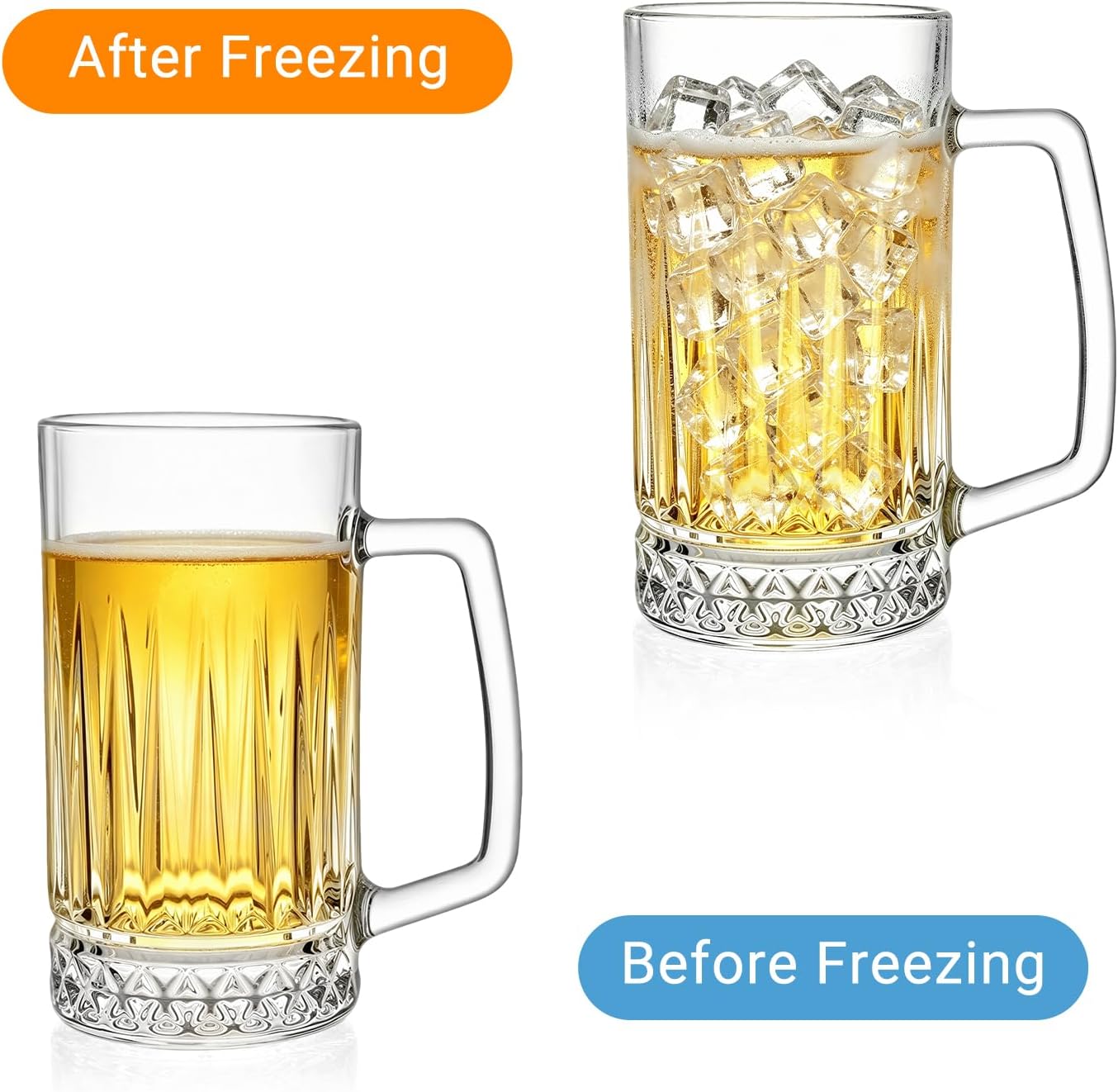 Beer Mugs For Freezer Set of 4, 20 oz Large Heavy Glass Mugs with Handles, Lead-Free Glasses, Clear Large Beer Steins for Beer Tea, Coffee, Best Gifts for Husband or Friend