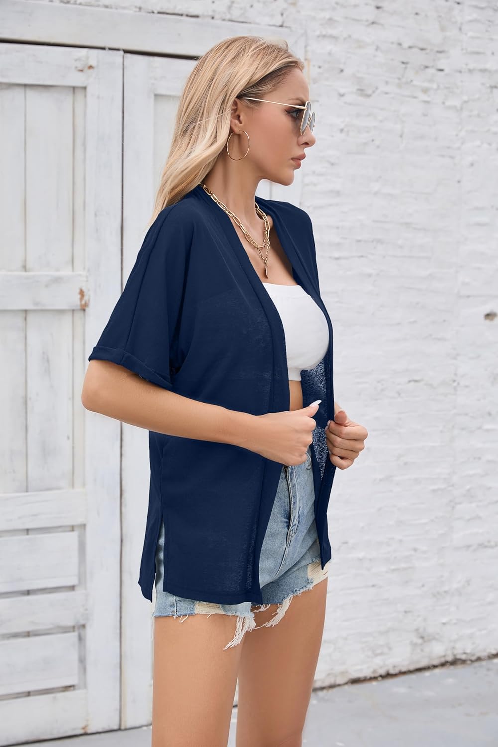 Iandroiy Women's Lightweight Open Front Cardigans Casual Short Sleeve Blouse Tops - Image 3