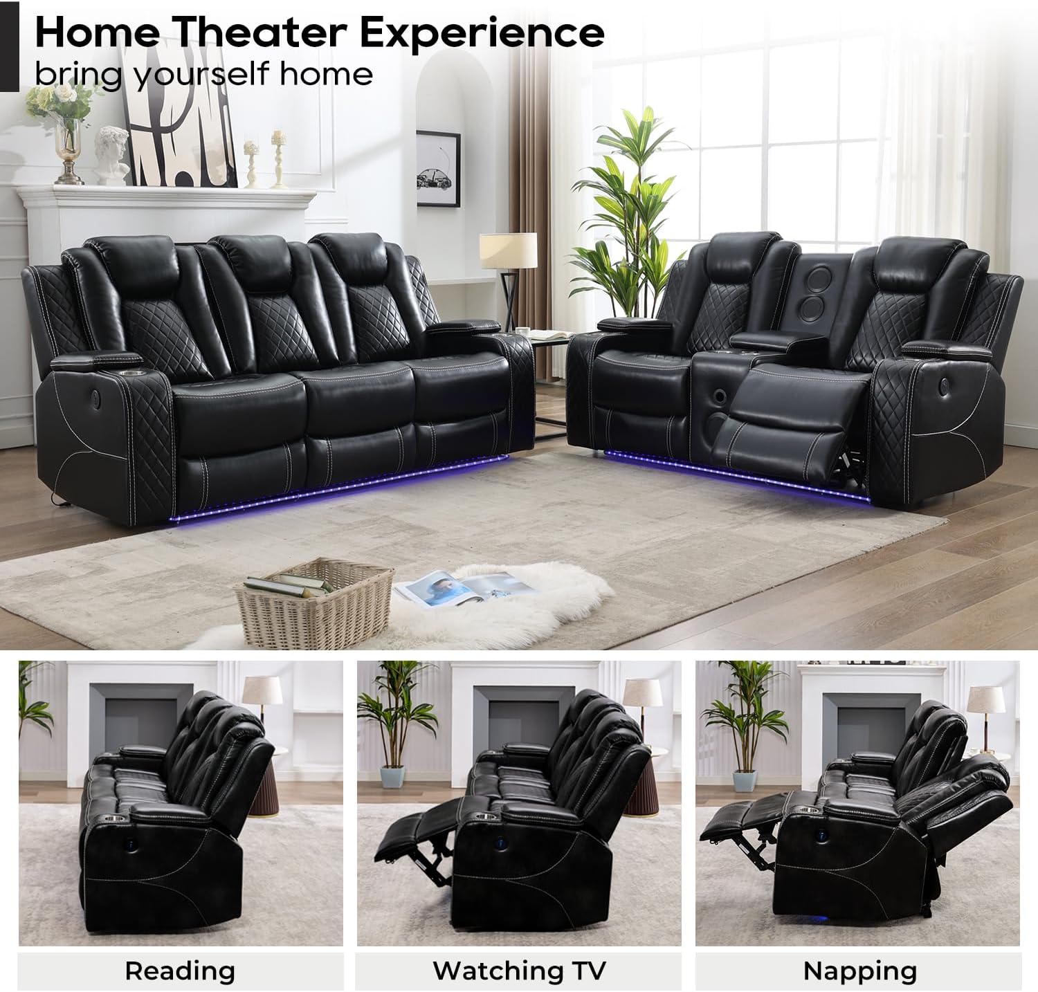 Power Zero Gravity Recliner Sofa Set with Bass Speaker for Living Room, Faux Leather 3 Seater Reclining Couch and Loveseat Seating with Wireless Charger,Reading Light,Home Theater Love seat Sets,Black